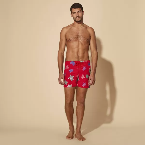 Vilebrequin Mode Stickerei Herren Men Swim Shorts Embroidered Tortue Multicolore - Limited Edition Moulin Rouge / Rot