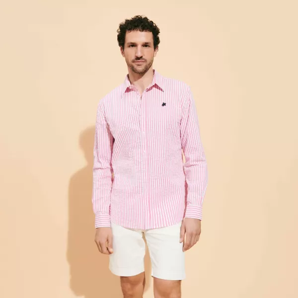 Vilebrequin Candy Pink / Rosa Striped Seersucker Hemd Für Herren Online-Shop Herren Shirts