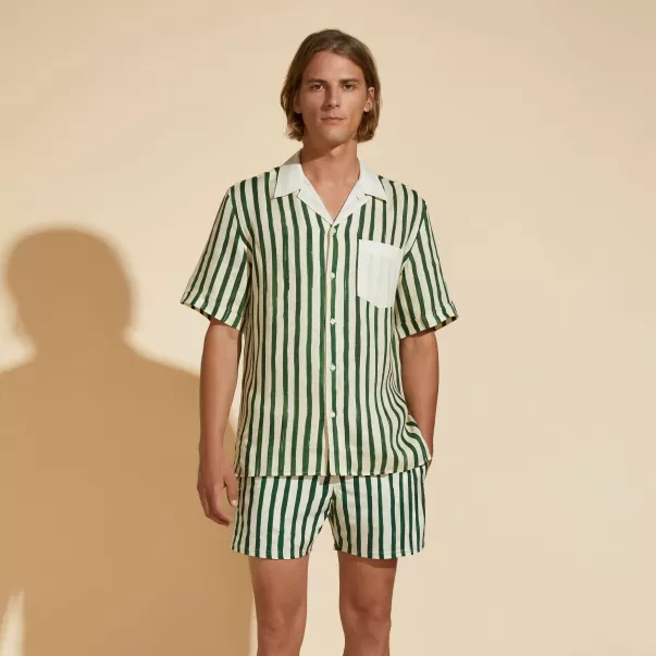 Hs Stripes Bowling-Hemd Aus Leinen Für Herren – Vilebrequin X Highsnobiety Garden / GrÜN Verkauf Herren Shirts