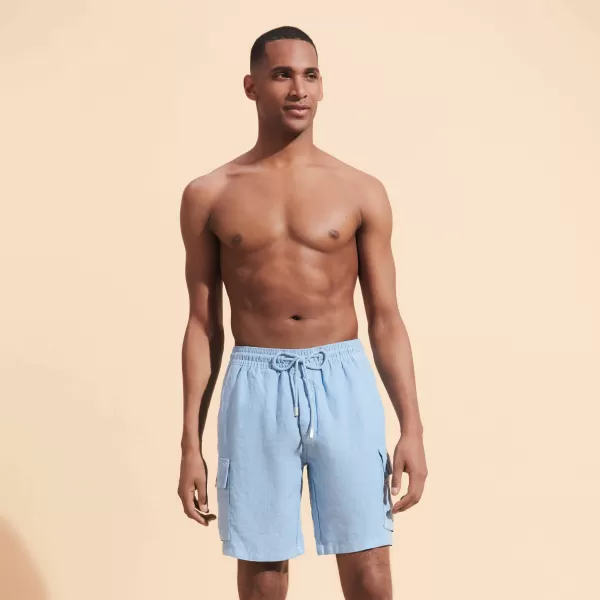 Herren Divine / Blau Shorts Kauf Einfarbige Leinen-Bermudashorts Mit Cargotaschen Für Herren Vilebrequin
