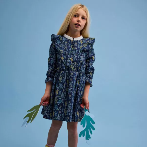 Marineblau / Blau Geschäft Kleider Mädchen Vilebrequin Mosaïque Kleid Mit Mandarinkragen Für Mädchen