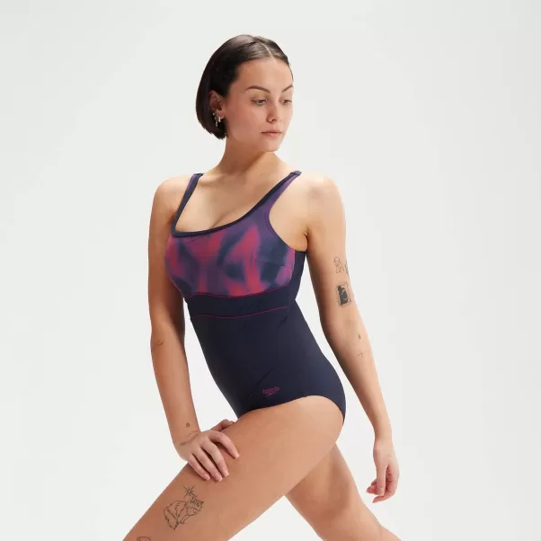 Damen Speedo Formender Bedruckter Contoureclipse-Badeanzug Für Damen Marineblau/Beere Körperbetont
